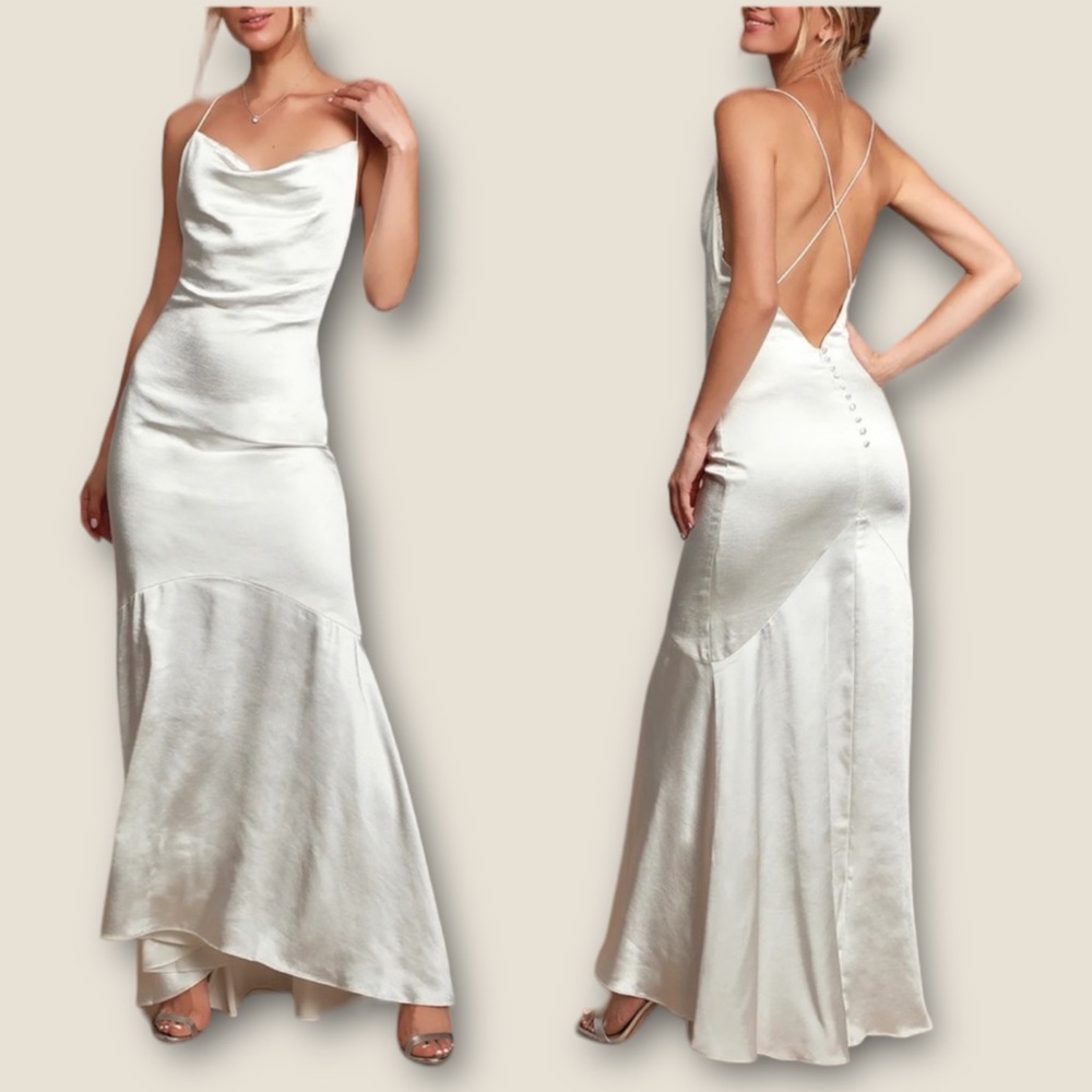 Lulu's Satin Cowl Neck Backless Wedding Dress in Ivory